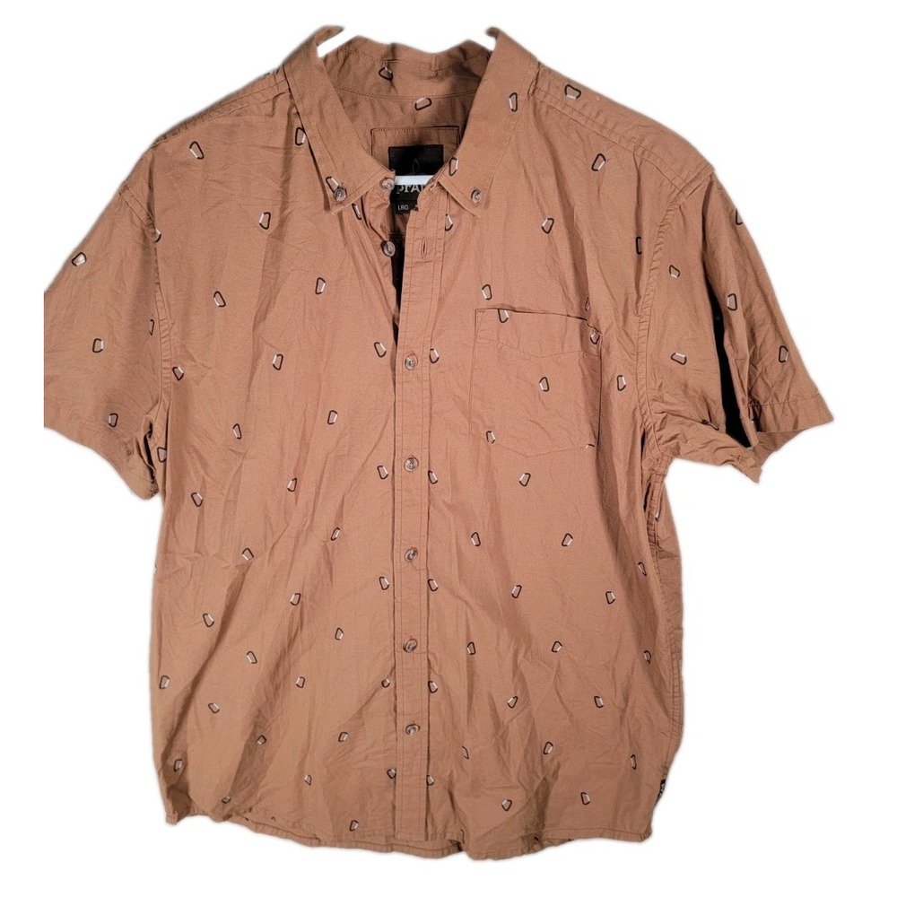 PrAna Shirt Mens L Brown Carabiner Rock Climbing 100% Organic Cotton Camp Top